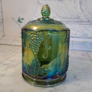 Indiana Iridescent Green Carnival Glass lidded jar canister
